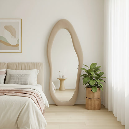 Full Length Mirror with Irregular Velvet Frame and Rounded Corners, Decorative Floor Mirror for Kids Room or Nursery in Six Colors
