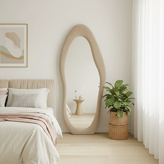 Full Length Mirror with Irregular Velvet Frame and Rounded Corners, Decorative Floor Mirror for Kids Room or Nursery in Six Colors