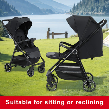 Compact Folding Baby Stroller with Reclining Seat, Canopy and Under-Seat Storage Basket, Black or Khaki Travel Pushchair for Family Outings