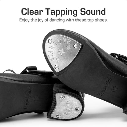 Kids Tap Dance Shoes with Hook-and-Loop Strap, Removable Satin Ribbons and Front-and-Back Taps for Girls and Boys, Toddler, Little Kid & Big Kid Sizes