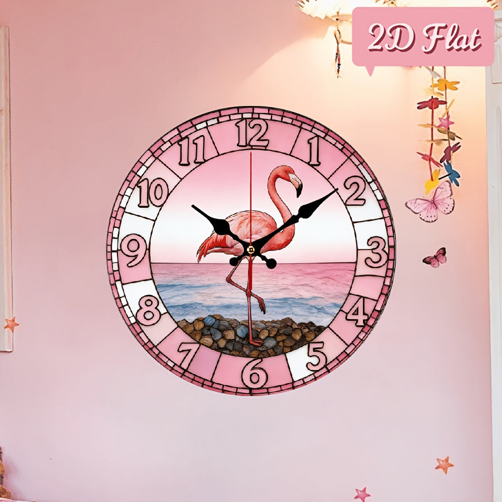 Flamingo Nursery Wall Clock 10 Inch with Pink Sunset Beach Print, Silent Non-Ticking 2D Flat Round Clock for Coastal Kids Room Decor