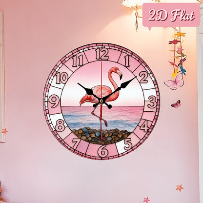 Flamingo Nursery Wall Clock 10 Inch with Pink Sunset Beach Print, Silent Non-Ticking 2D Flat Round Clock for Coastal Kids Room Decor