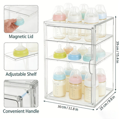 Clear Baby Bottle Storage Organizer with Covered Access and Divided Shelves, Small or Large Feeding Supply Storage Box for Countertop Organization