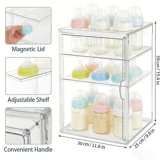 Clear Baby Bottle Storage Organizer with Covered Access and Divided Shelves, Small or Large Feeding Supply Storage Box for Countertop Organization