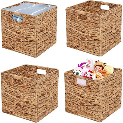 Handwoven Water Hyacinth Cube Storage Basket, Foldable 11 x 11 Inch Organizer for Shelves, Laundry and Everyday Home Clutter with Pack Options