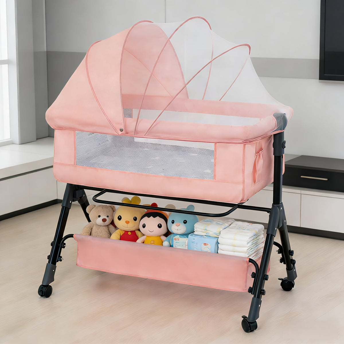 3-in-1 Baby Bassinet Bedside Sleeper with Wheels, Infant Cradle in Black, Gray or Pink with 17.61 lb Product Weight and Listed 33 lb Limit