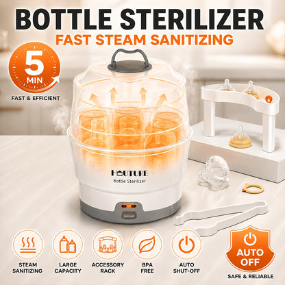 One-Button Baby Bottle Steam Sterilizer, BPA-Free White Countertop Sanitizer with Accessory Rack and Auto Shut-Off for Compatible Feeding Parts