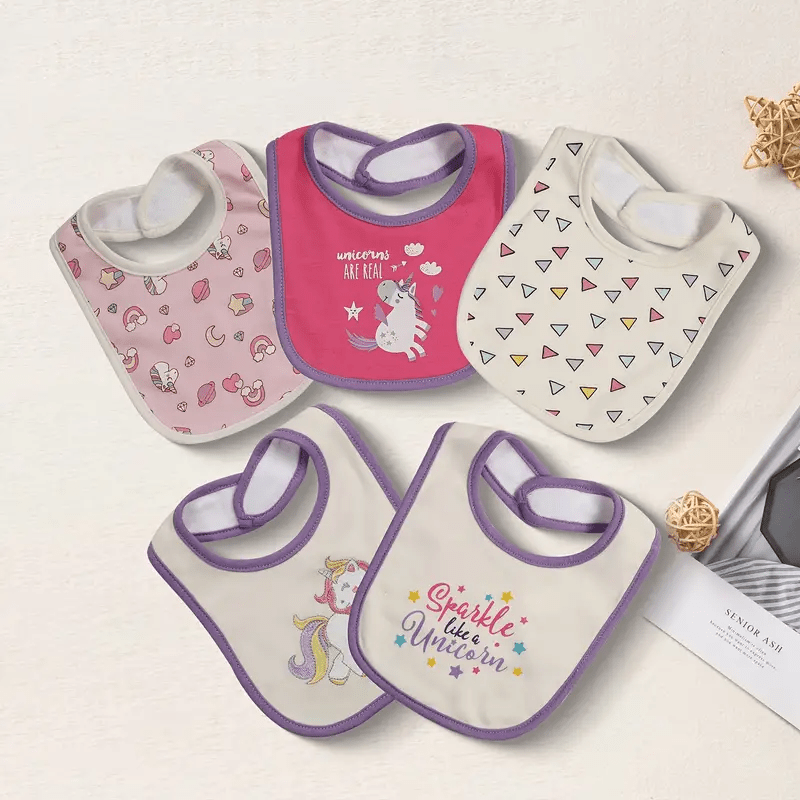 Double-Layer Cotton Baby Bibs 5-Pack with Cartoon Designs, Absorbent Adjustable Feeding Bib Set for Boys and Girls Ages 0–3 Years