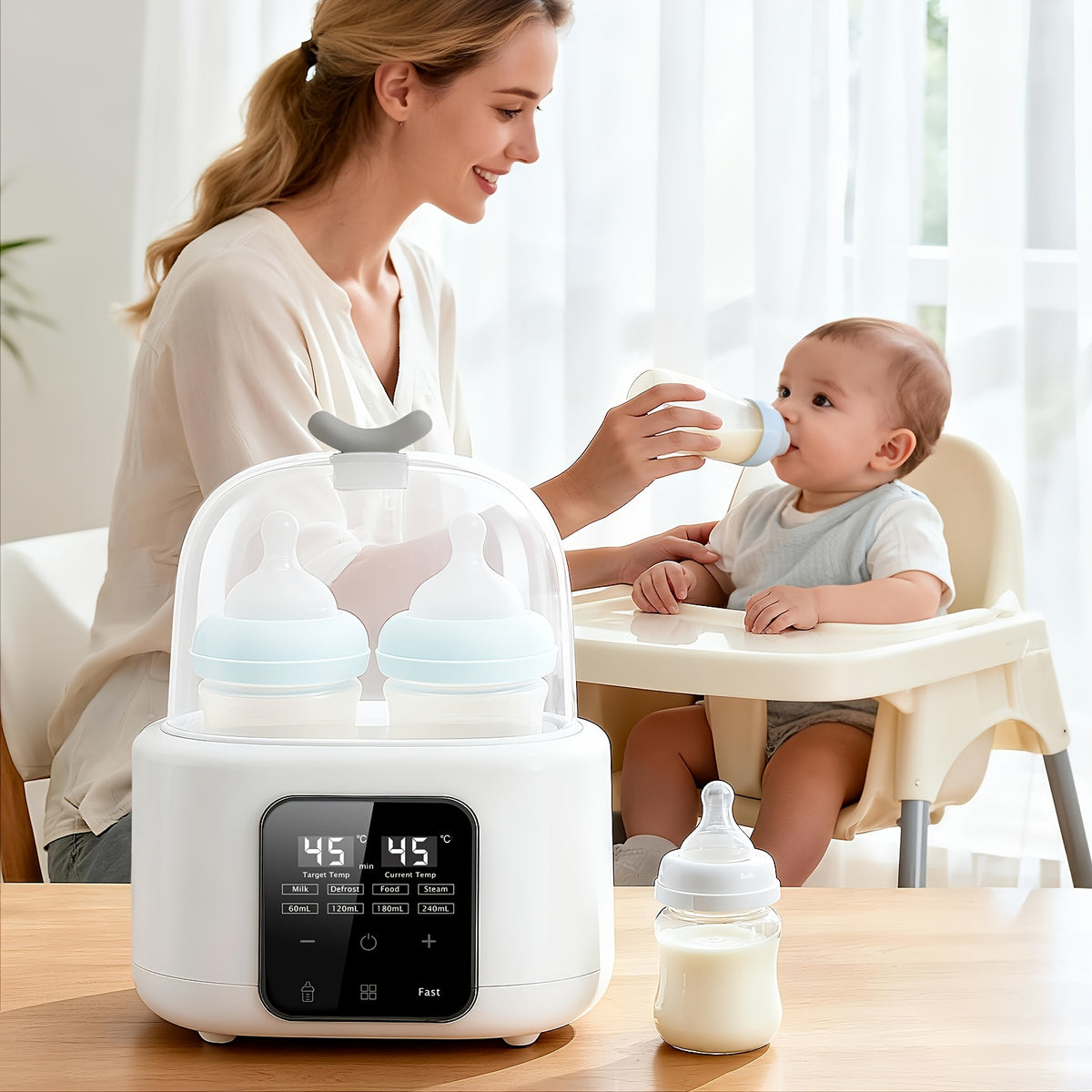 Digital Baby Bottle Warmer 6-in-1 with Timer and Adjustable Temperature, White Countertop Milk Heater with Defrost, Keep Warm and Food Jar Warming