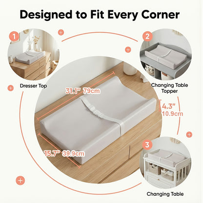PASAMIC Secure Grip Baby Diaper Changing Pad for Dresser, Waterproof & Wipeable Contoured Design – Standard Size 15.74" x 31.1", Easy-Clean Changing Mat in Grey, Pink & Beige
