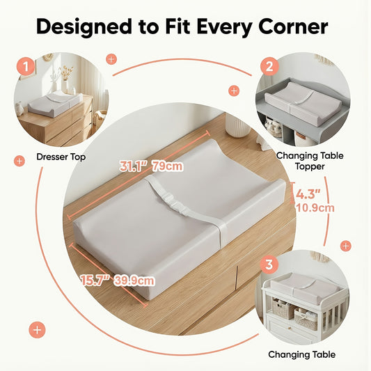 PASAMIC Secure Grip Baby Diaper Changing Pad for Dresser, Waterproof & Wipeable Contoured Design – Standard Size 15.74" x 31.1", Easy-Clean Changing Mat in Grey, Pink & Beige