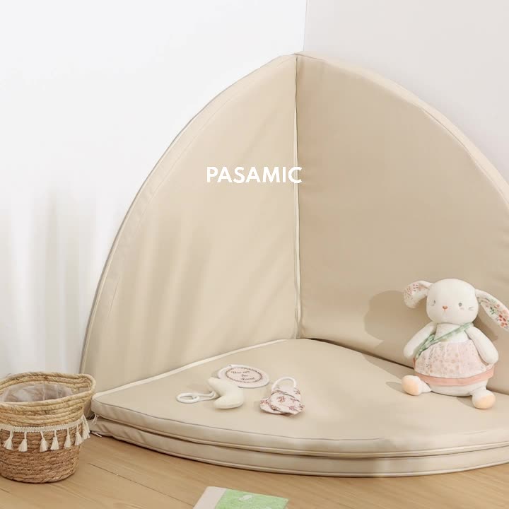 Modular Baby Play Mat in Beige with Four Foldable Foam Sections and Wipe-Clean Vegan Leather Surface for Supervised Floor Play and Nursery Corners