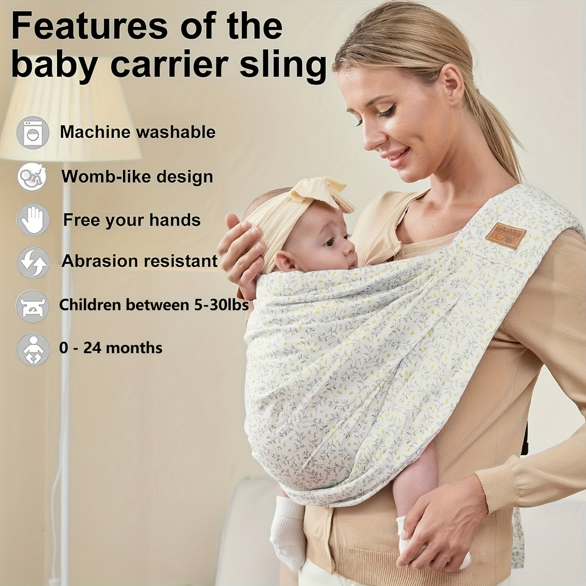 Pocketed Baby Sling Carrier for 1-24 Months, Vrbabies Lightweight Front Carry with Adjustable Shoulder Strap in Yellow Flower or Blue Porcelain