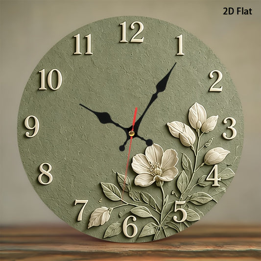 Sage Green Floral Nursery Wall Clock, Silent Non-Ticking 12-Inch Round Battery-Powered Baby Room Decor for Bedroom, Playroom or Classroom