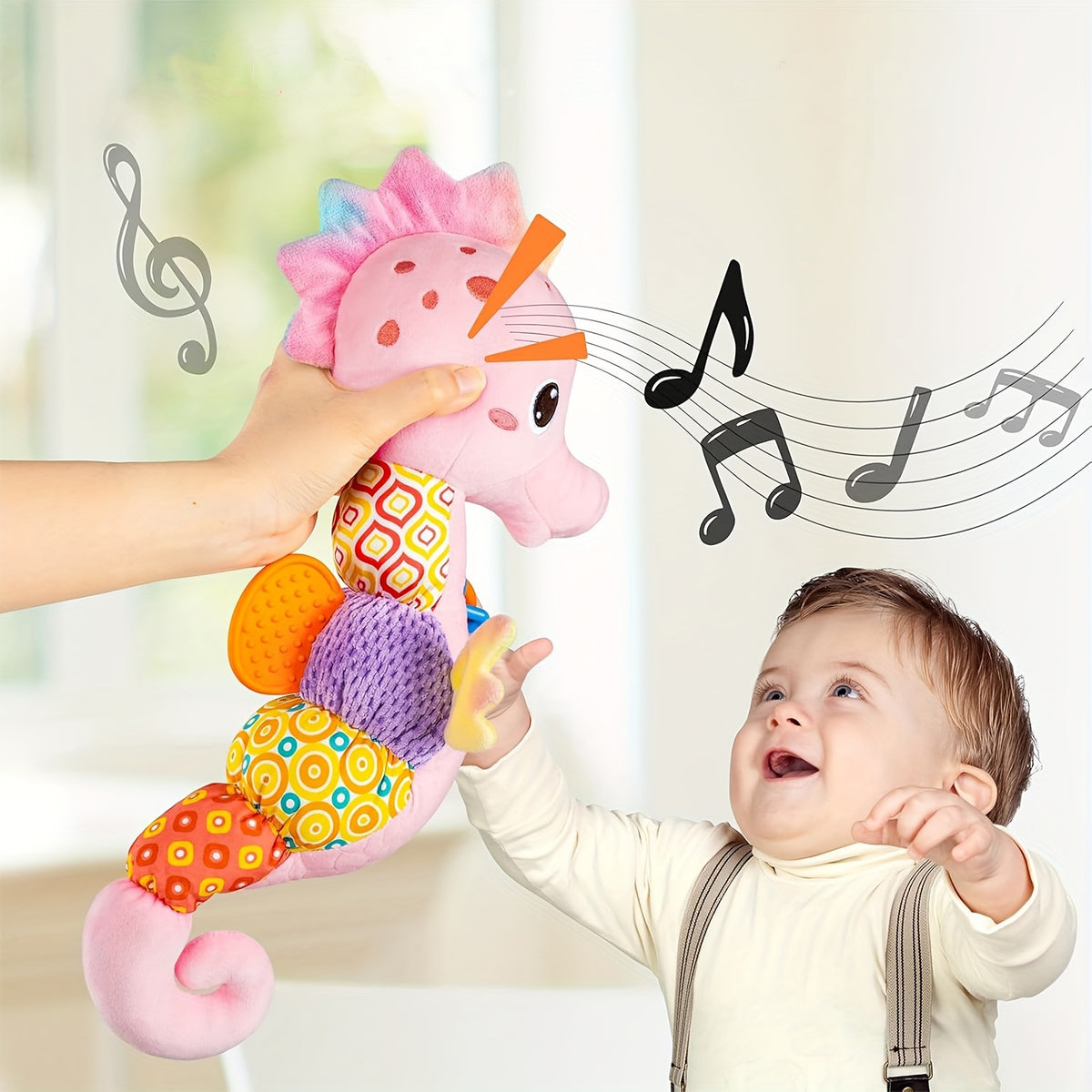 Seahorse Sensory Baby Toy with Crinkle and Rattle Textures, Soft Musical Stuffed Animal for Supervised Tummy Time and Newborn Gifts
