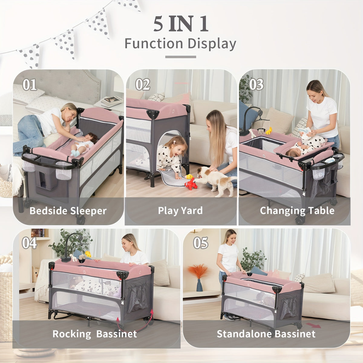 Foldable Baby Bassinet with Diaper Changing Station, 5-in-1 Infant Sleeper and Crib-Style Setup with Mattress Storage in Pink