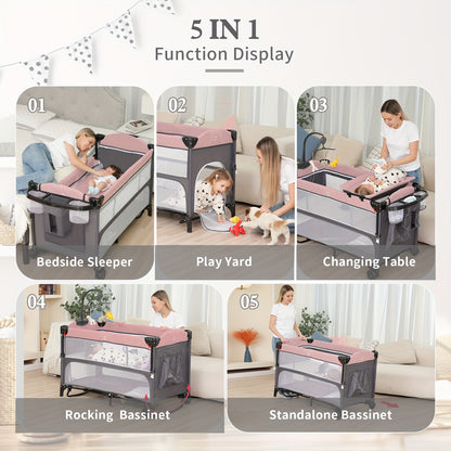 Foldable Baby Bassinet with Diaper Changing Station, 5-in-1 Infant Sleeper and Crib-Style Setup with Mattress Storage in Pink