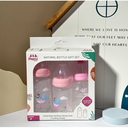 Wide Neck Baby Bottle Gift Set with Covered Feeding Bottles, Pink Green or Blue Options for Everyday Feeding and Baby Shower Gifting