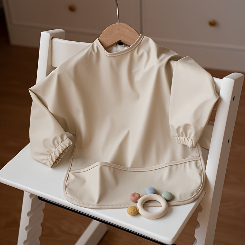 Sleeved Baby Bib with Food Pocket, Wipeable Long Sleeve Feeding Smock with Snap Closure for Babies and Toddlers 6-36 Months at Mealtimes