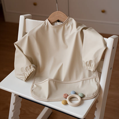 Sleeved Baby Bib with Food Pocket, Wipeable Long Sleeve Feeding Smock with Snap Closure for Babies and Toddlers 6-36 Months at Mealtimes