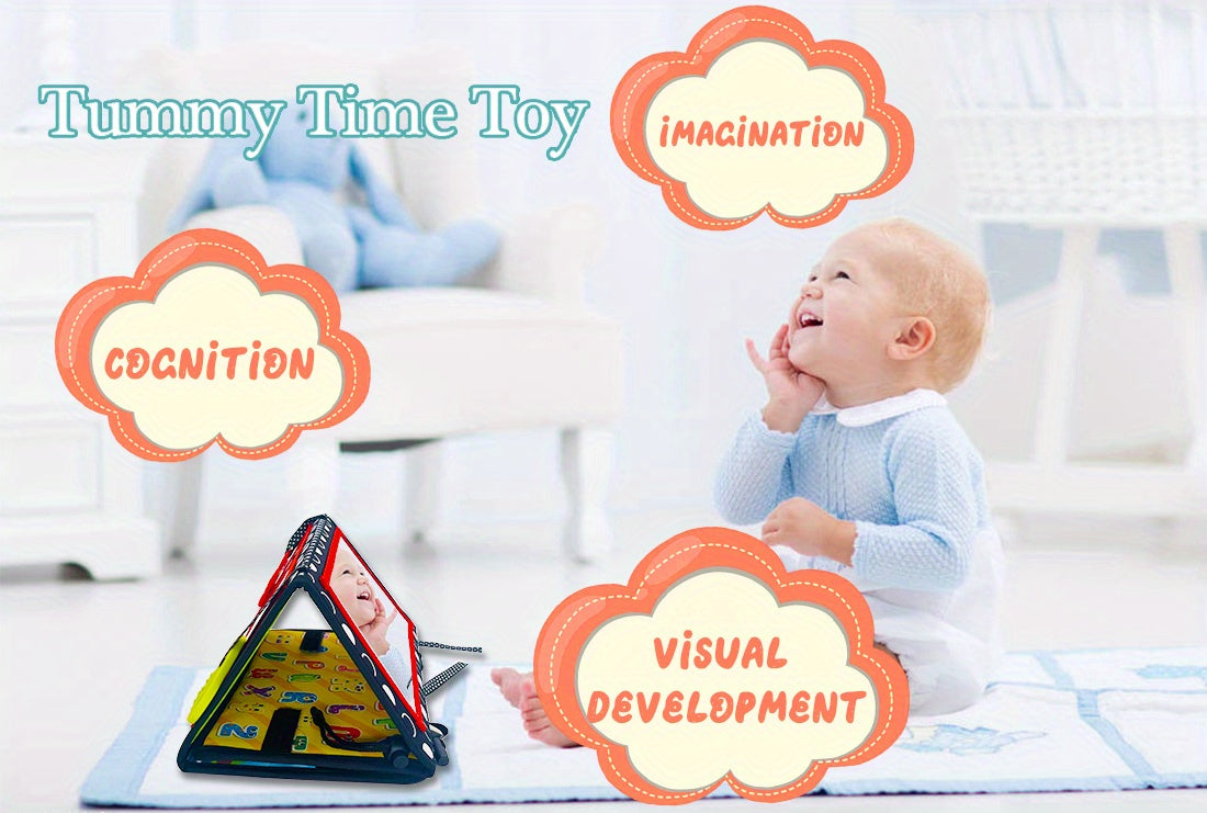 Tummy Time Baby Mirror with Teethers, Double-Sided High-Contrast Animal and Geometric Activity Toy for Supervised Sensory Floor Play