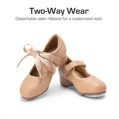 Kids Tap Dance Shoes with Hook-and-Loop Strap, Removable Satin Ribbons and Front-and-Back Taps for Girls and Boys, Toddler, Little Kid & Big Kid Sizes
