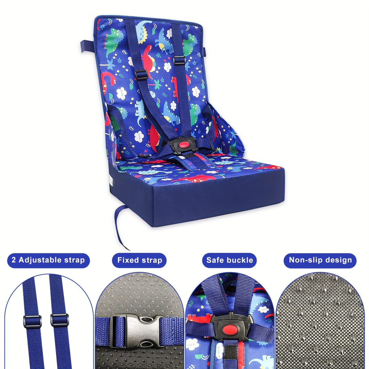 Kids Dining Chair Cushion with Backrest and Adjustable Straps, Foldable Oxford Cloth Seat Pad with Removable Washable Cover for Home and Travel